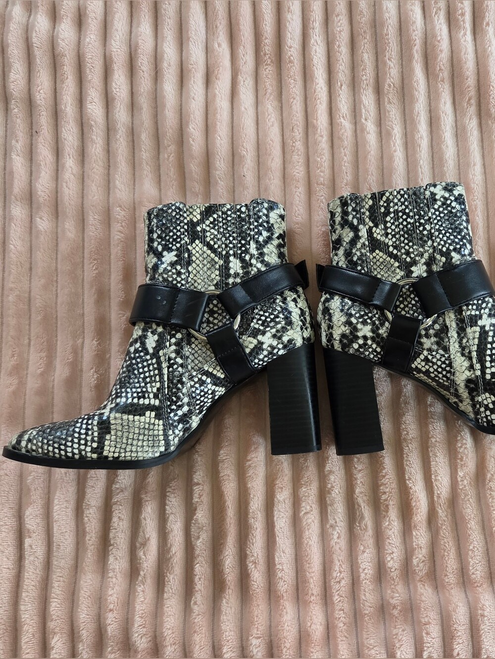 BCBGeneration Black and Cream Snake-Print Ankle Booties